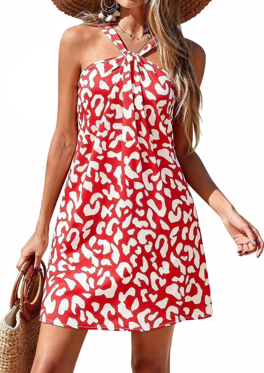 imagePRETTYGARDEN Womens 2026 Summer Halter Mini Dress Sleeveless Boho Floral Short Sundress Casual Flowy Beach DressesRed Leopard