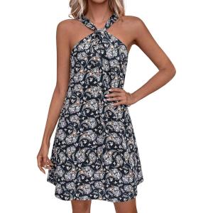 PRETTYGARDEN Womens 2026 Summer Halter Mini Dress Sleeveless Boho Floral Short Sundress Casual Flowy Beach Dresses(Dark Blue Floral)