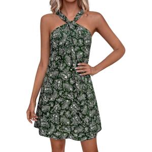 PRETTYGARDEN Womens 2026 Summer Halter Mini Dress Sleeveless Boho Floral Short Sundress Casual Flowy Beach Dresses(Floral Dark Army Green)