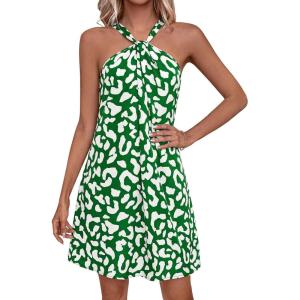 PRETTYGARDEN Womens 2026 Summer Halter Mini Dress Sleeveless Boho Floral Short Sundress Casual Flowy Beach Dresses(Green Leopard)
