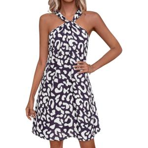 PRETTYGARDEN Womens 2026 Summer Halter Mini Dress Sleeveless Boho Floral Short Sundress Casual Flowy Beach Dresses(Leopard Black)