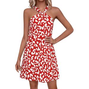 PRETTYGARDEN Womens 2026 Summer Halter Mini Dress Sleeveless Boho Floral Short Sundress Casual Flowy Beach Dresses(Red Leopard)