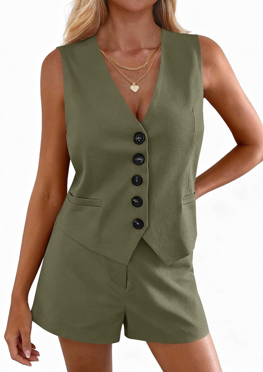 imagePRETTYGARDEN 2 Piece Sets for Women Summer Fashion 2026 Button V Neck Vest Tops High Waist Shorts Business Casual OutfitsArmy Green