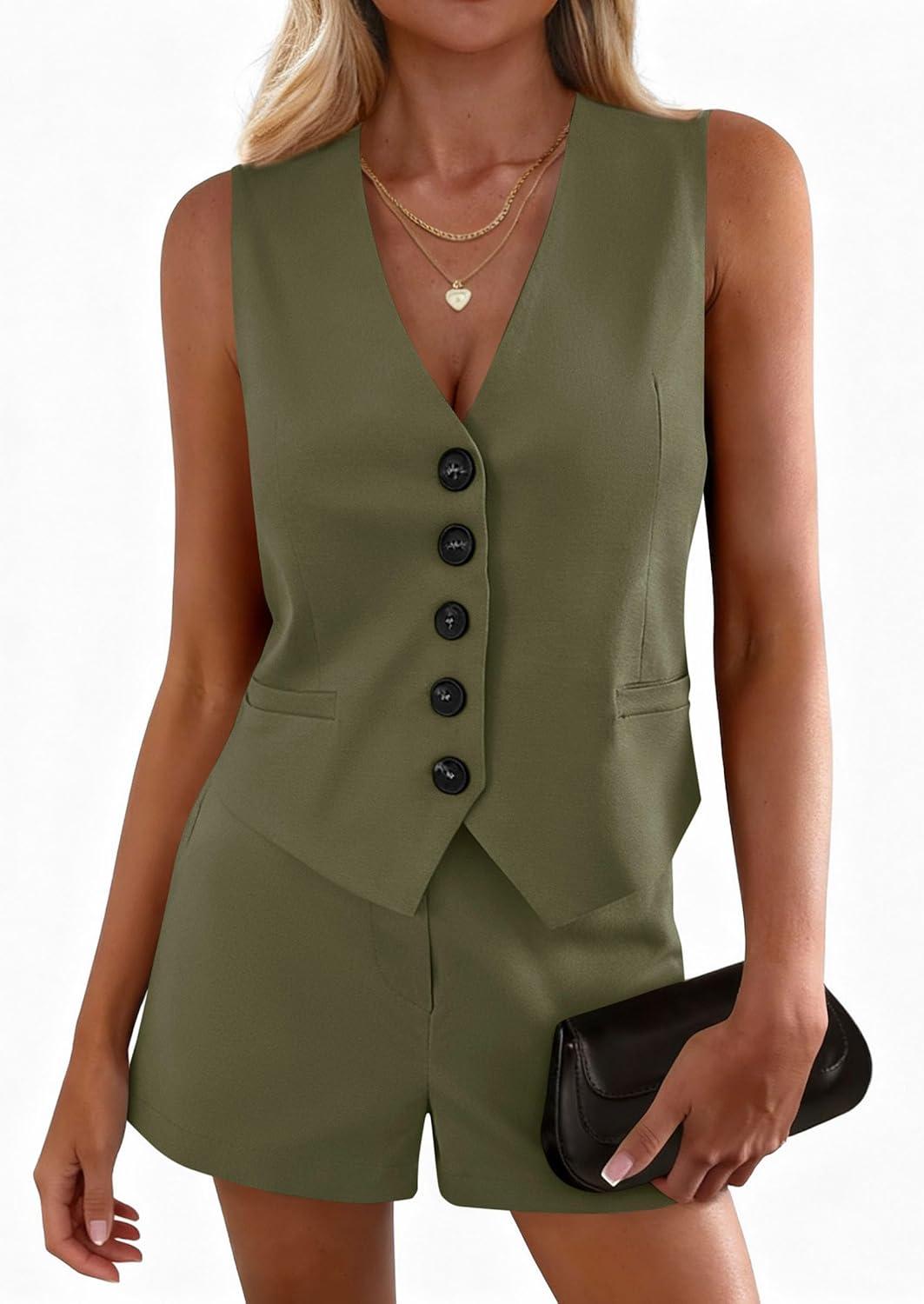 imagePRETTYGARDEN 2 Piece Sets for Women Summer Fashion 2026 Button V Neck Vest Tops High Waist Shorts Business Casual OutfitsArmy Green