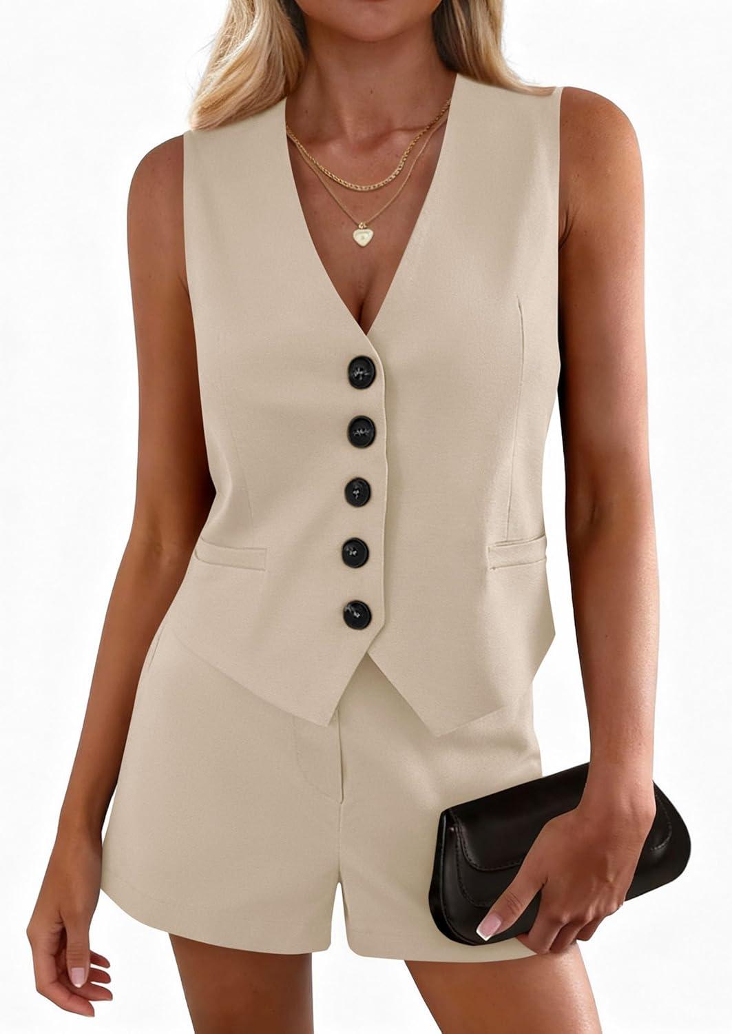 imagePRETTYGARDEN 2 Piece Sets for Women Summer Fashion 2026 Button V Neck Vest Tops High Waist Shorts Business Casual OutfitsBeige
