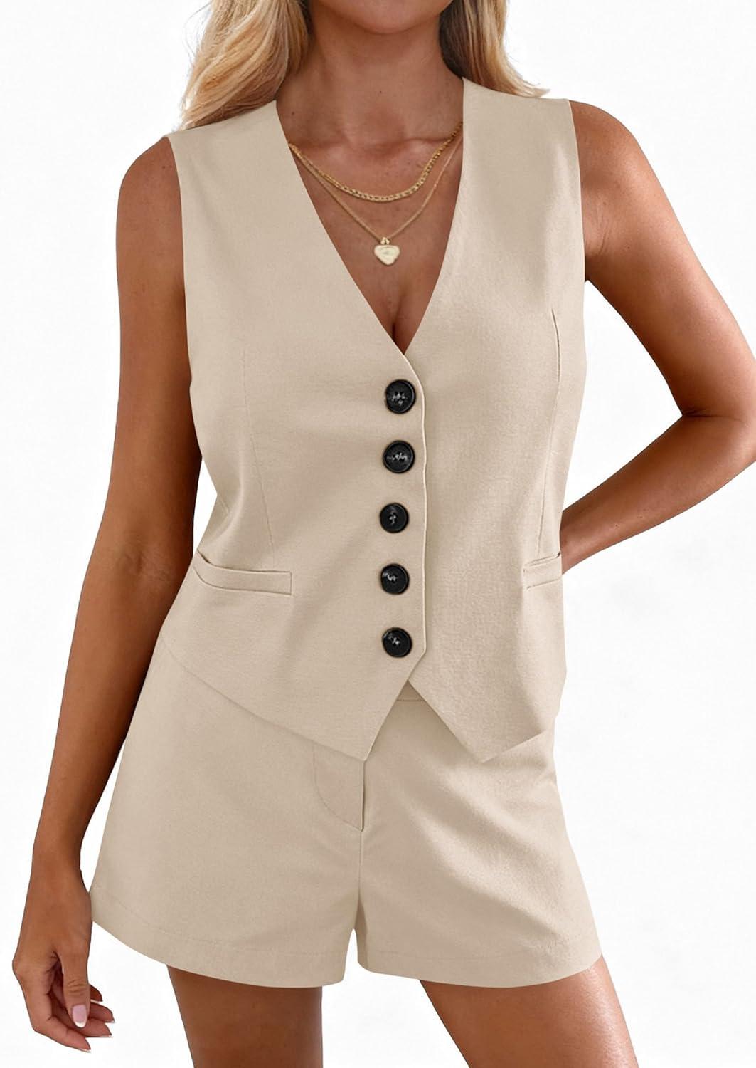 imagePRETTYGARDEN 2 Piece Sets for Women Summer Fashion 2026 Button V Neck Vest Tops High Waist Shorts Business Casual OutfitsBeige
