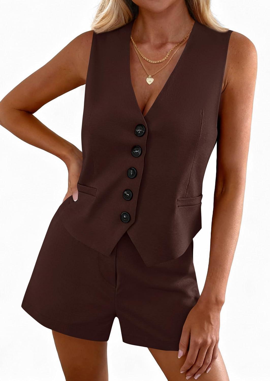 imagePRETTYGARDEN 2 Piece Sets for Women Summer Fashion 2026 Button V Neck Vest Tops High Waist Shorts Business Casual OutfitsBrown