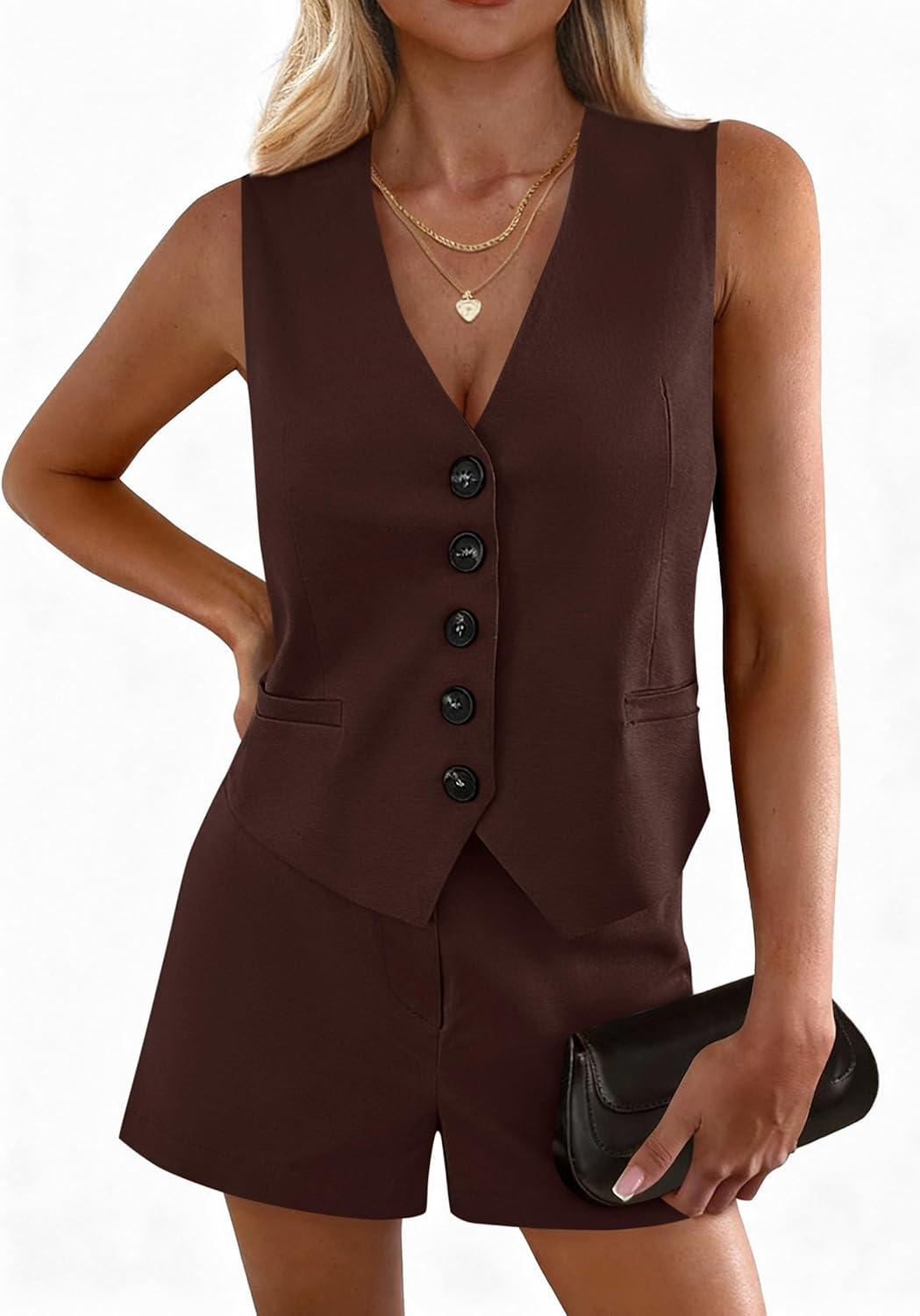 imagePRETTYGARDEN 2 Piece Sets for Women Summer Fashion 2026 Button V Neck Vest Tops High Waist Shorts Business Casual OutfitsBrown