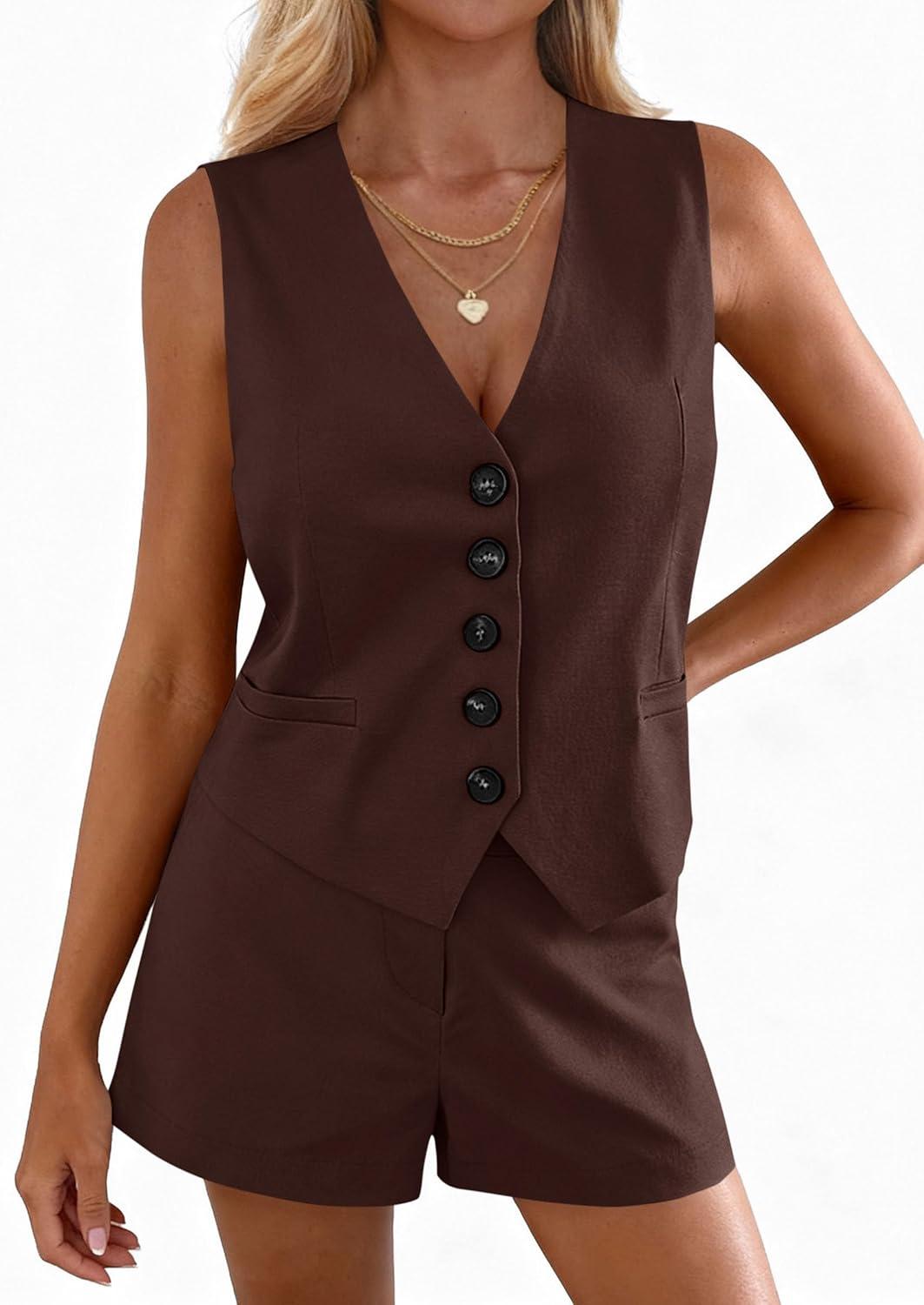 imagePRETTYGARDEN 2 Piece Sets for Women Summer Fashion 2026 Button V Neck Vest Tops High Waist Shorts Business Casual OutfitsBrown