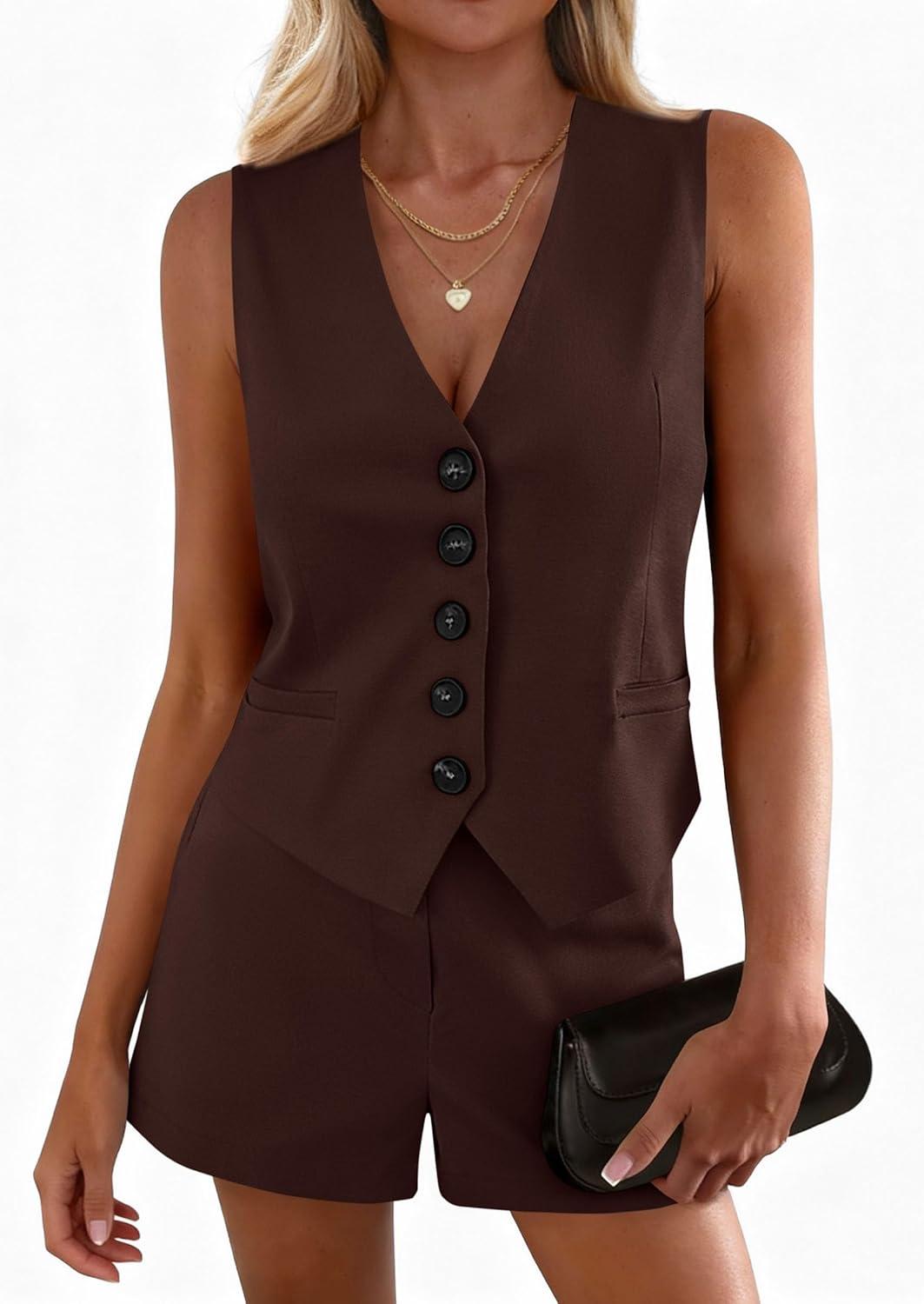 imagePRETTYGARDEN 2 Piece Sets for Women Summer Fashion 2026 Button V Neck Vest Tops High Waist Shorts Business Casual OutfitsBrown