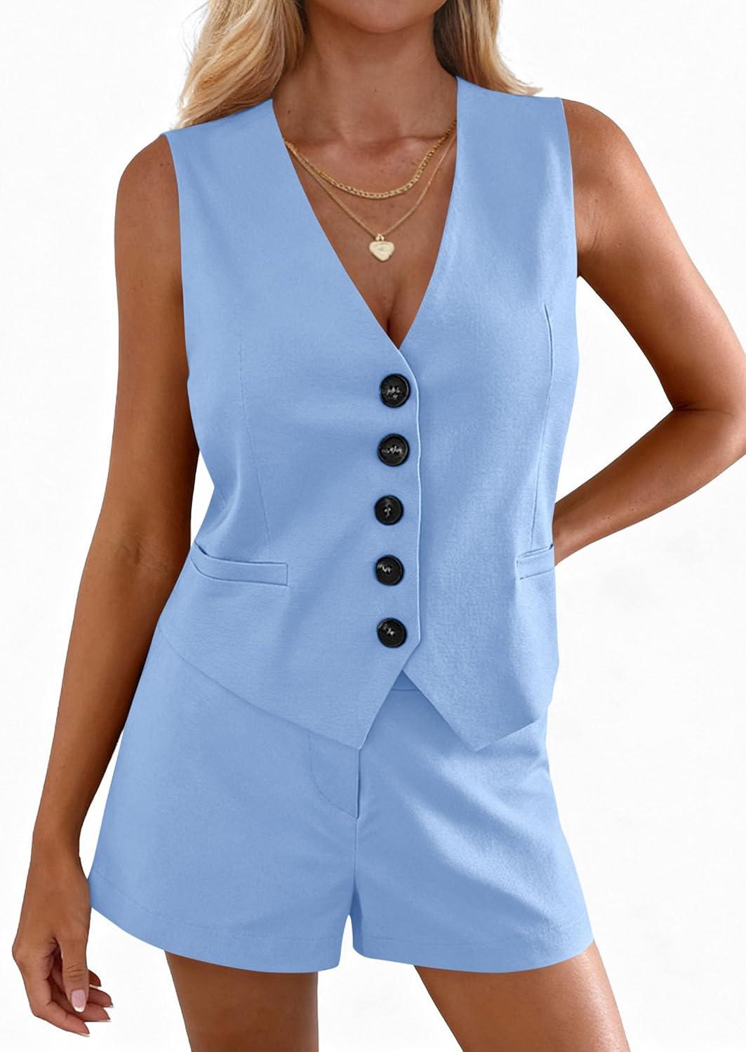 imagePRETTYGARDEN 2 Piece Sets for Women Summer Fashion 2026 Button V Neck Vest Tops High Waist Shorts Business Casual OutfitsLight Blue
