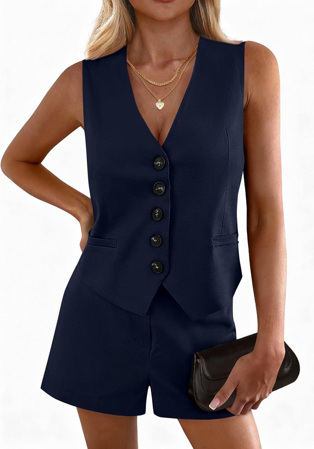 imagePRETTYGARDEN 2 Piece Sets for Women Summer Fashion 2026 Button V Neck Vest Tops High Waist Shorts Business Casual OutfitsNavy Blue