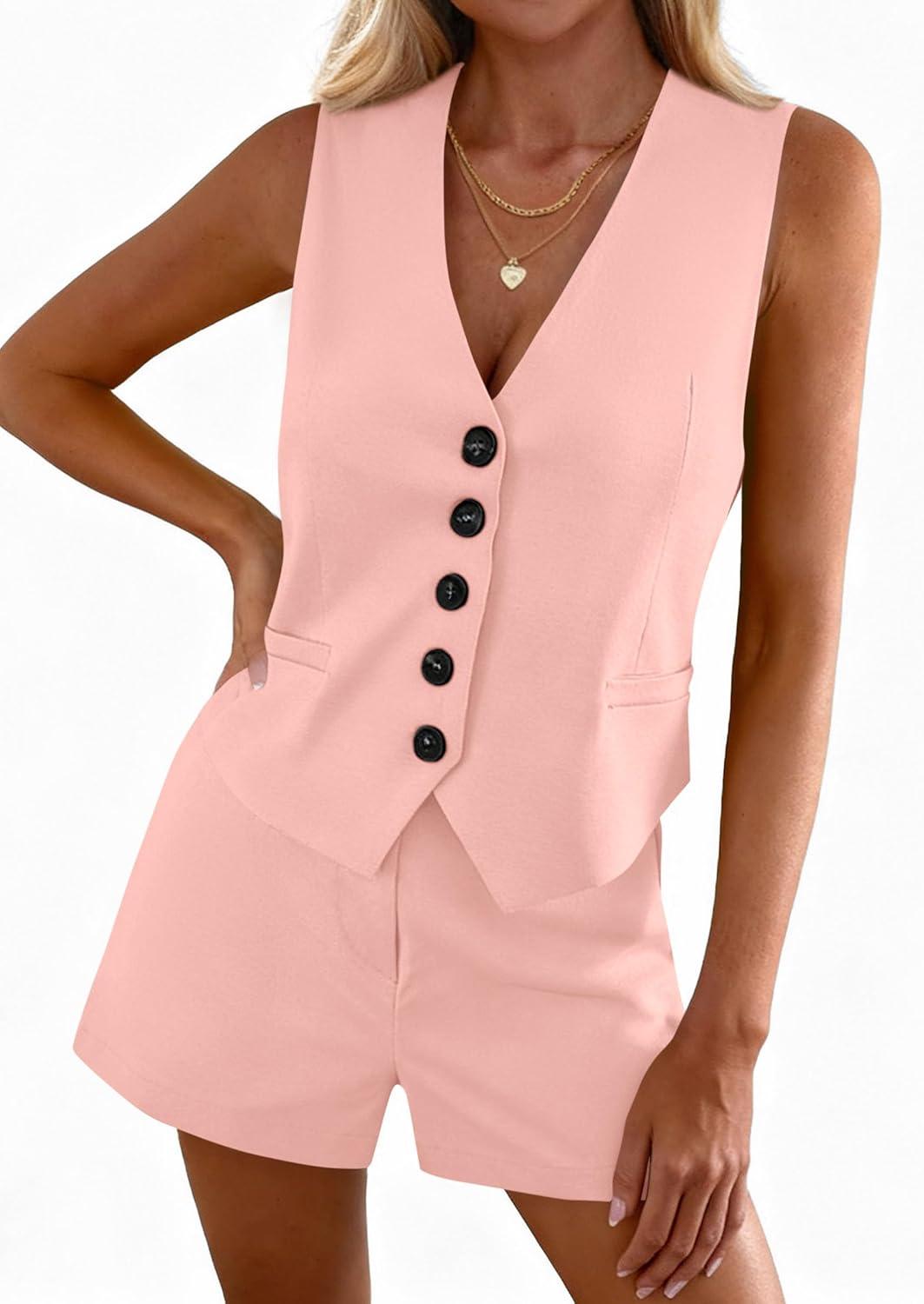 imagePRETTYGARDEN 2 Piece Sets for Women Summer Fashion 2026 Button V Neck Vest Tops High Waist Shorts Business Casual OutfitsPink