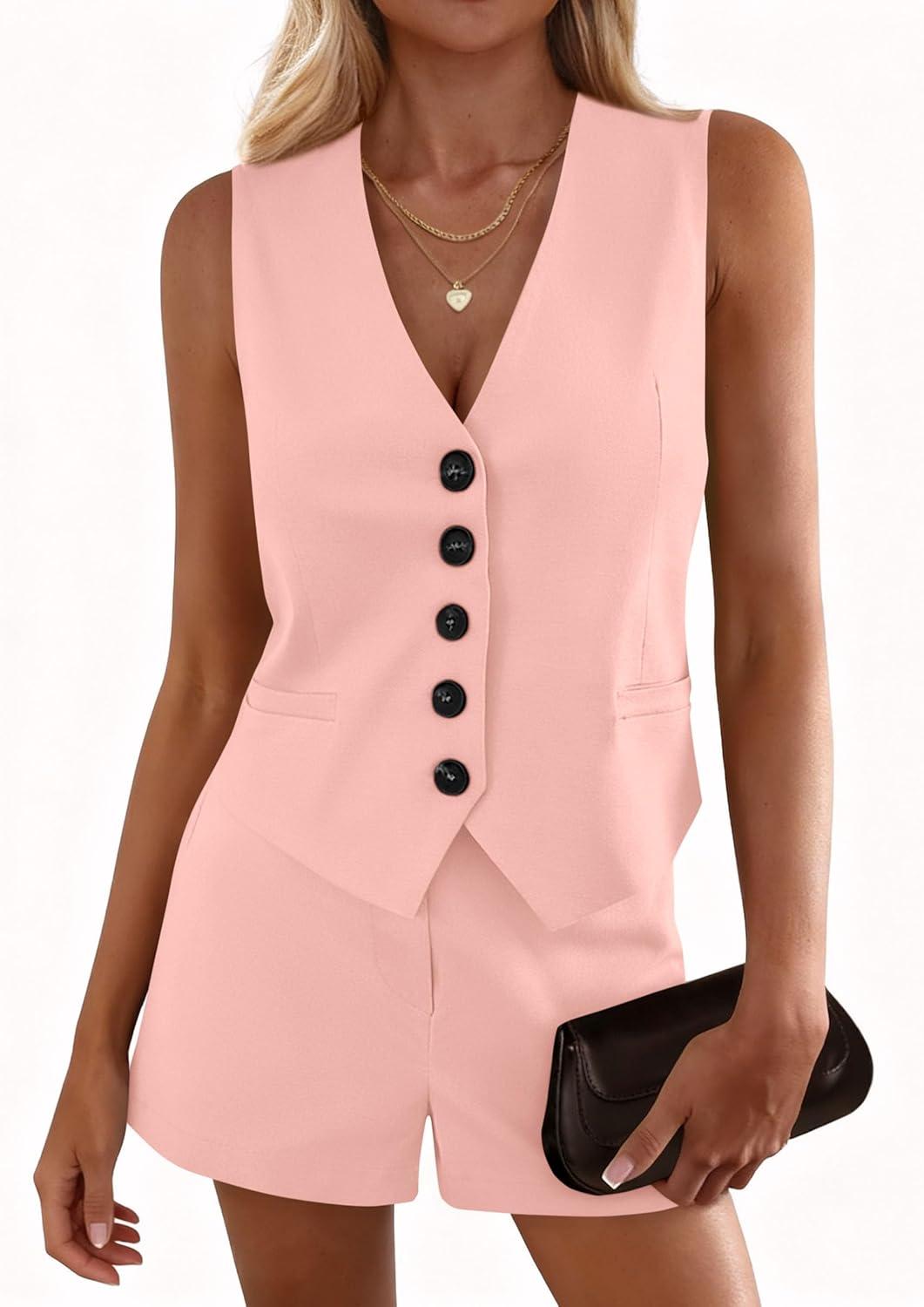 imagePRETTYGARDEN 2 Piece Sets for Women Summer Fashion 2026 Button V Neck Vest Tops High Waist Shorts Business Casual OutfitsPink
