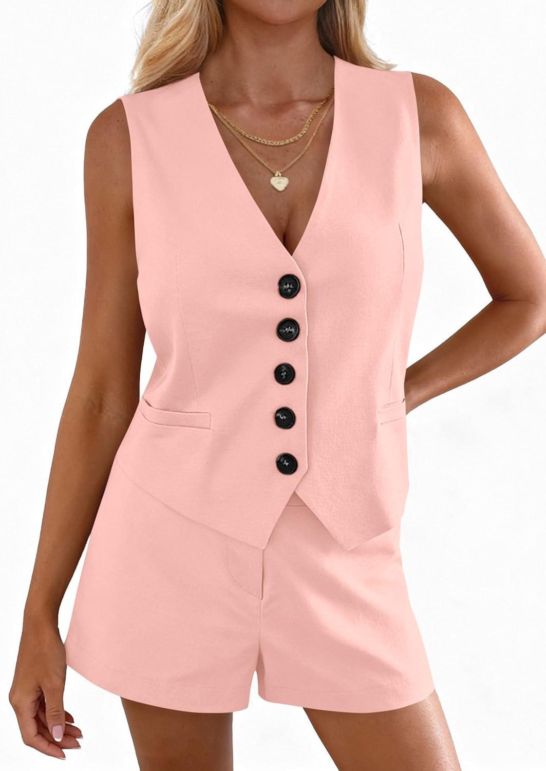 imagePRETTYGARDEN 2 Piece Sets for Women Summer Fashion 2026 Button V Neck Vest Tops High Waist Shorts Business Casual OutfitsPink