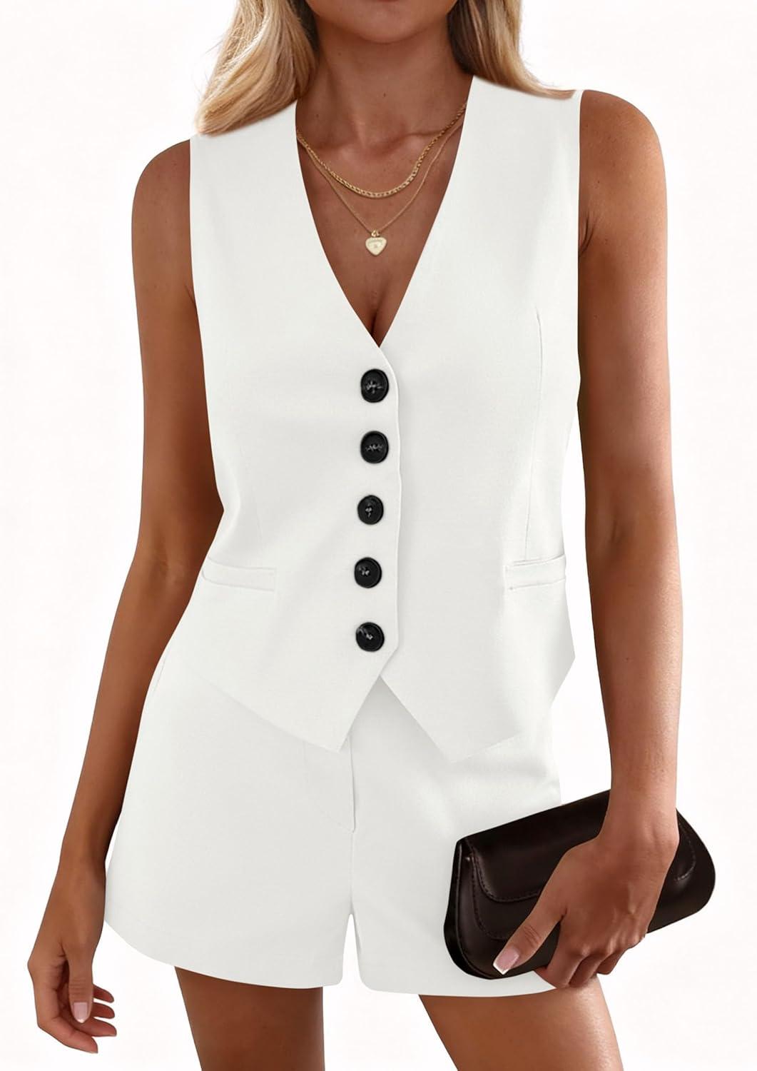 imagePRETTYGARDEN 2 Piece Sets for Women Summer Fashion 2026 Button V Neck Vest Tops High Waist Shorts Business Casual OutfitsWhite