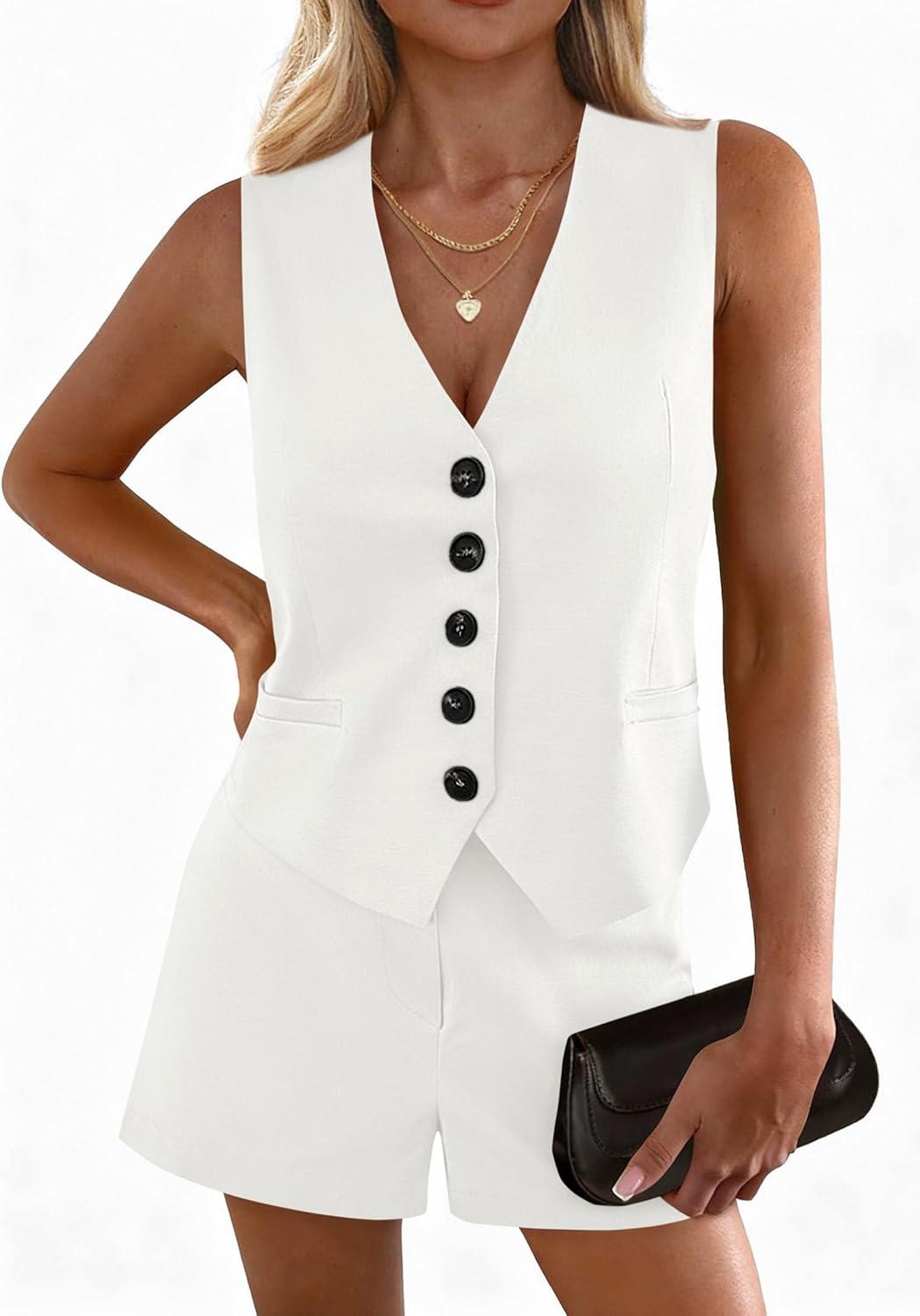imagePRETTYGARDEN 2 Piece Sets for Women Summer Fashion 2026 Button V Neck Vest Tops High Waist Shorts Business Casual OutfitsWhite