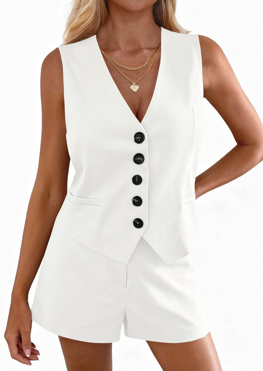 imagePRETTYGARDEN 2 Piece Sets for Women Summer Fashion 2026 Button V Neck Vest Tops High Waist Shorts Business Casual OutfitsWhite