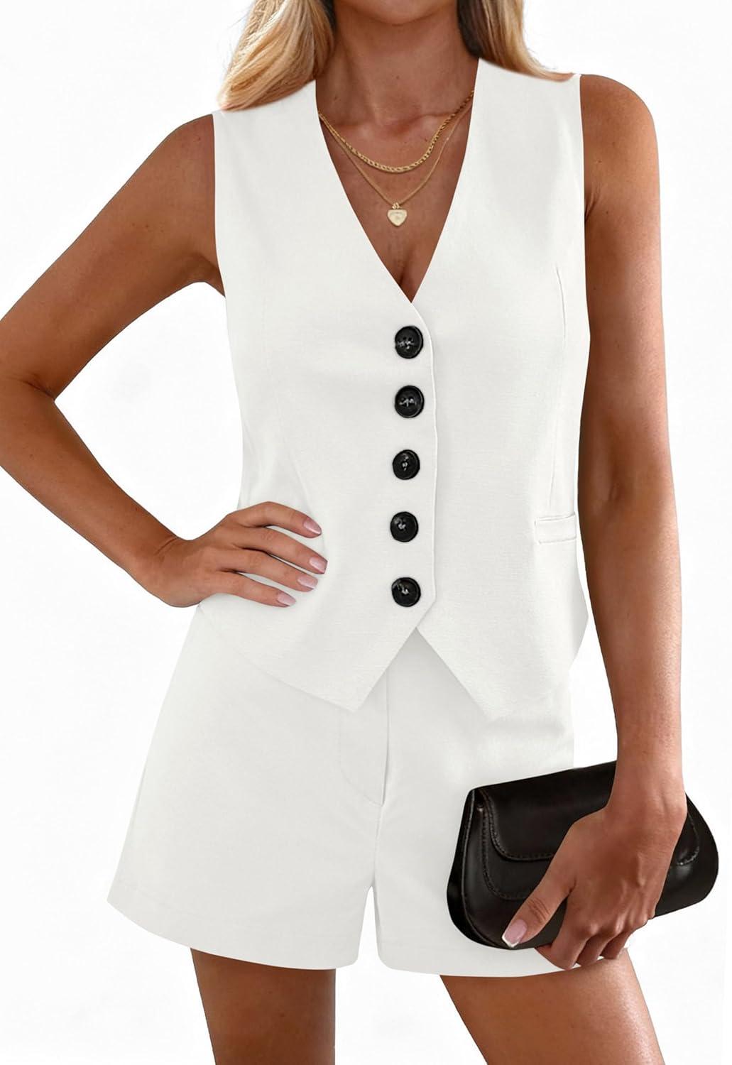 imagePRETTYGARDEN 2 Piece Sets for Women Summer Fashion 2026 Button V Neck Vest Tops High Waist Shorts Business Casual OutfitsWhite
