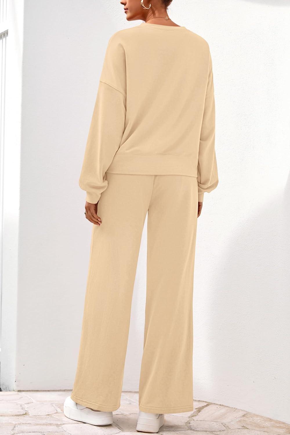 imagePRETTYGARDEN Women 2 Piece Outfits 2026 Spring Sweatsuits Crewneck Sweatshirt Wide Leg Sweatpants Lounge Sets TracksuitApricot