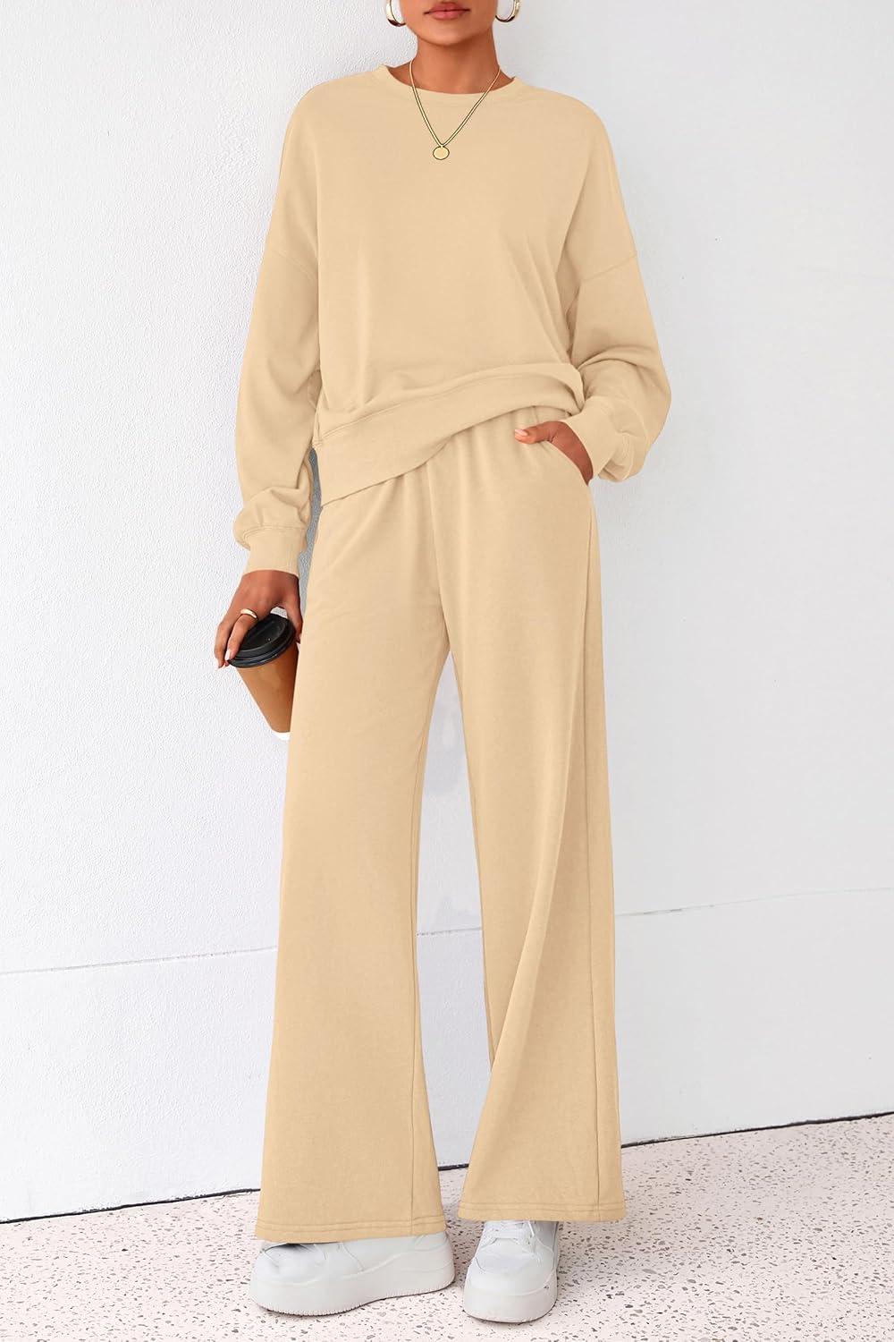 imagePRETTYGARDEN Women 2 Piece Outfits 2026 Spring Sweatsuits Crewneck Sweatshirt Wide Leg Sweatpants Lounge Sets TracksuitApricot