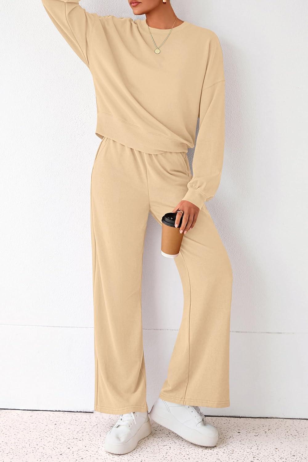 imagePRETTYGARDEN Women 2 Piece Outfits 2026 Spring Sweatsuits Crewneck Sweatshirt Wide Leg Sweatpants Lounge Sets TracksuitApricot
