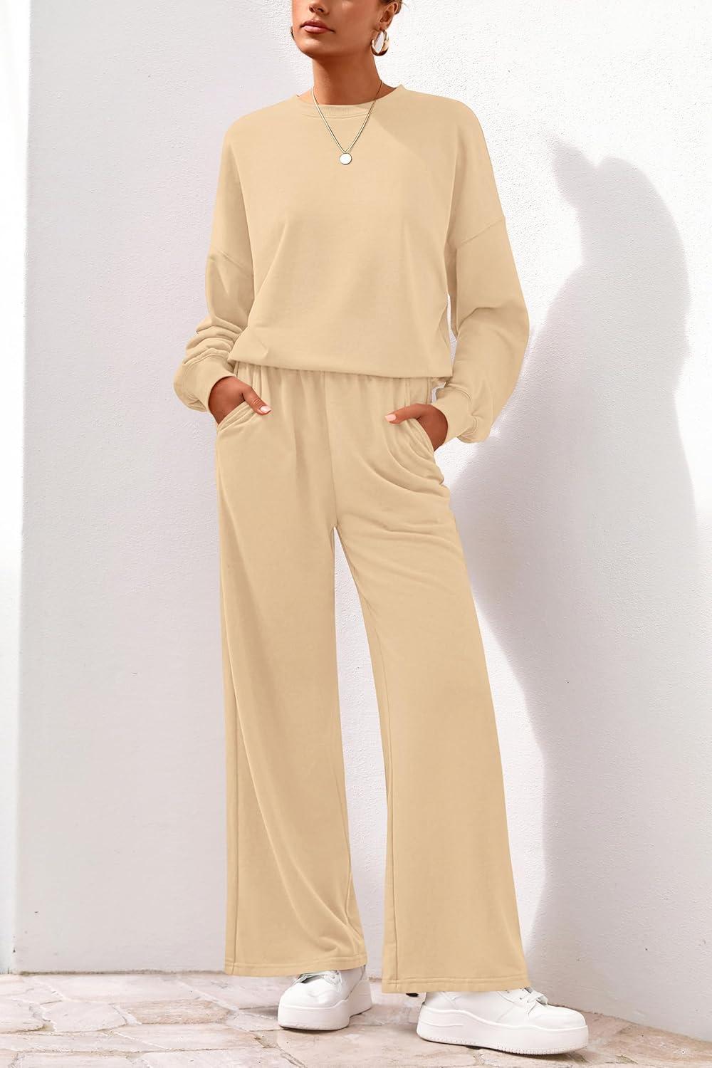 imagePRETTYGARDEN Women 2 Piece Outfits 2026 Spring Sweatsuits Crewneck Sweatshirt Wide Leg Sweatpants Lounge Sets TracksuitApricot