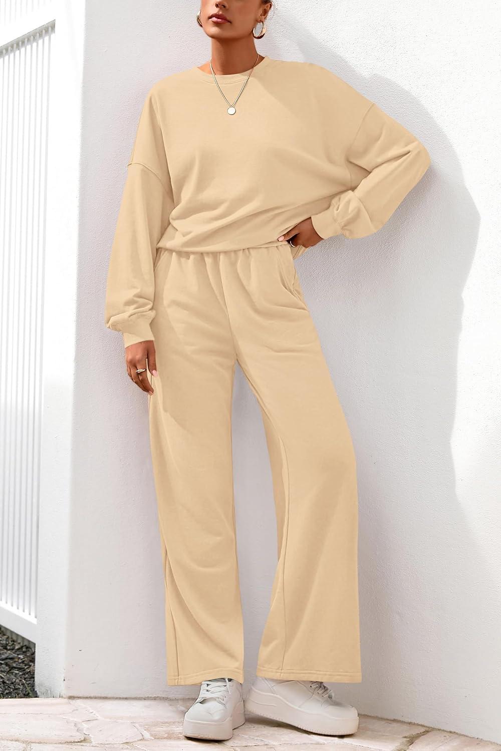 imagePRETTYGARDEN Women 2 Piece Outfits 2026 Spring Sweatsuits Crewneck Sweatshirt Wide Leg Sweatpants Lounge Sets TracksuitApricot