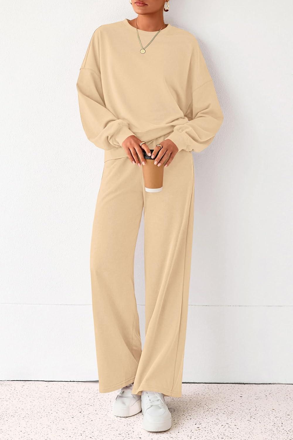 imagePRETTYGARDEN Women 2 Piece Outfits 2026 Spring Sweatsuits Crewneck Sweatshirt Wide Leg Sweatpants Lounge Sets TracksuitApricot