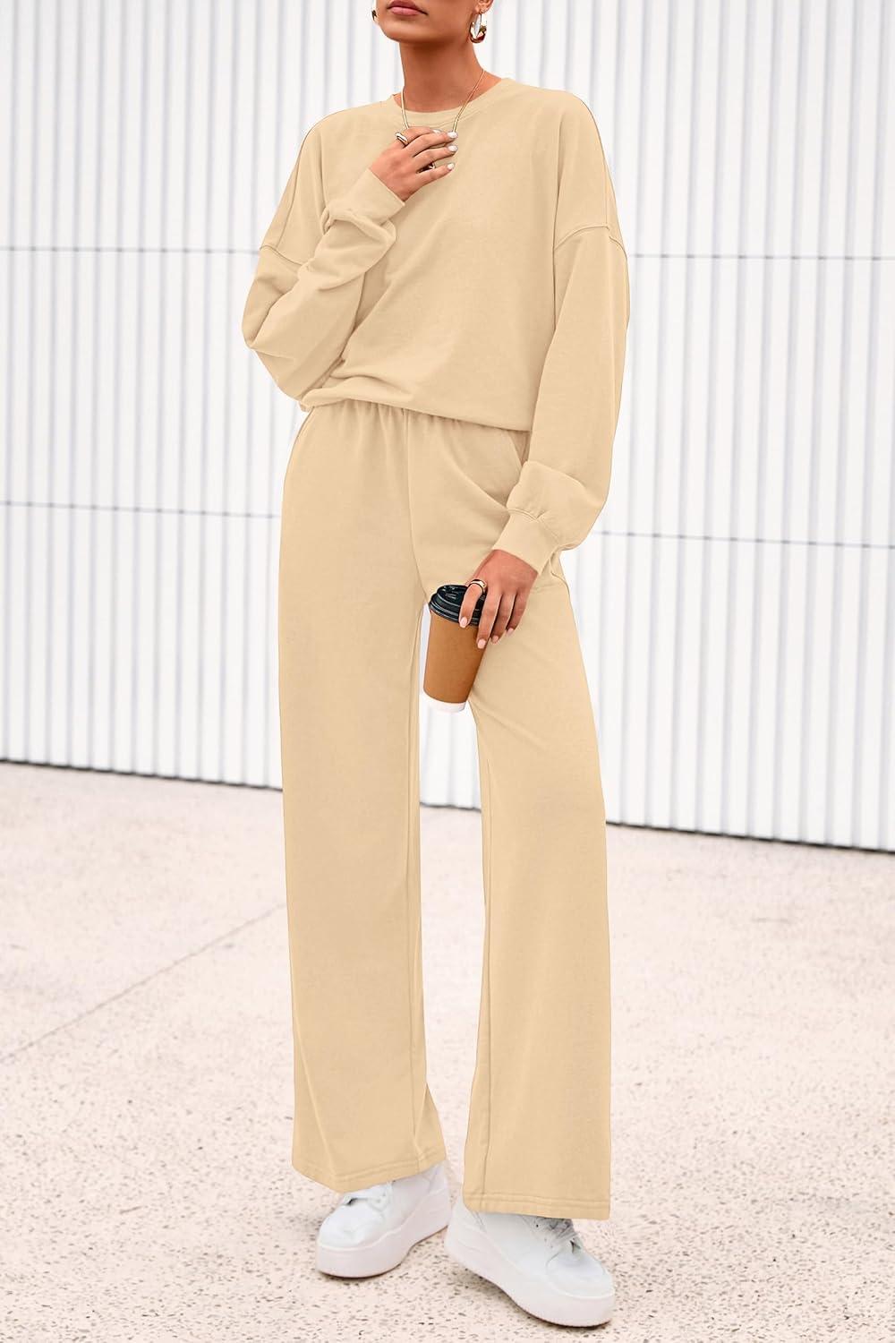 imagePRETTYGARDEN Women 2 Piece Outfits 2026 Spring Sweatsuits Crewneck Sweatshirt Wide Leg Sweatpants Lounge Sets TracksuitApricot