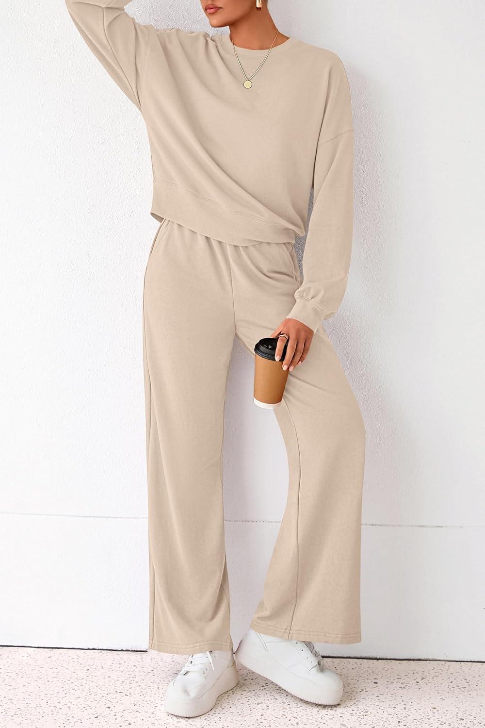 imagePRETTYGARDEN Women 2 Piece Outfits 2026 Spring Sweatsuits Crewneck Sweatshirt Wide Leg Sweatpants Lounge Sets TracksuitBeige