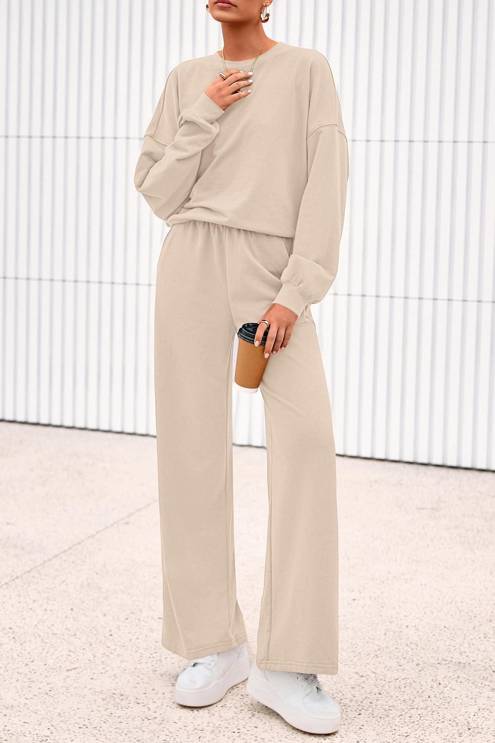 imagePRETTYGARDEN Women 2 Piece Outfits 2026 Spring Sweatsuits Crewneck Sweatshirt Wide Leg Sweatpants Lounge Sets TracksuitBeige
