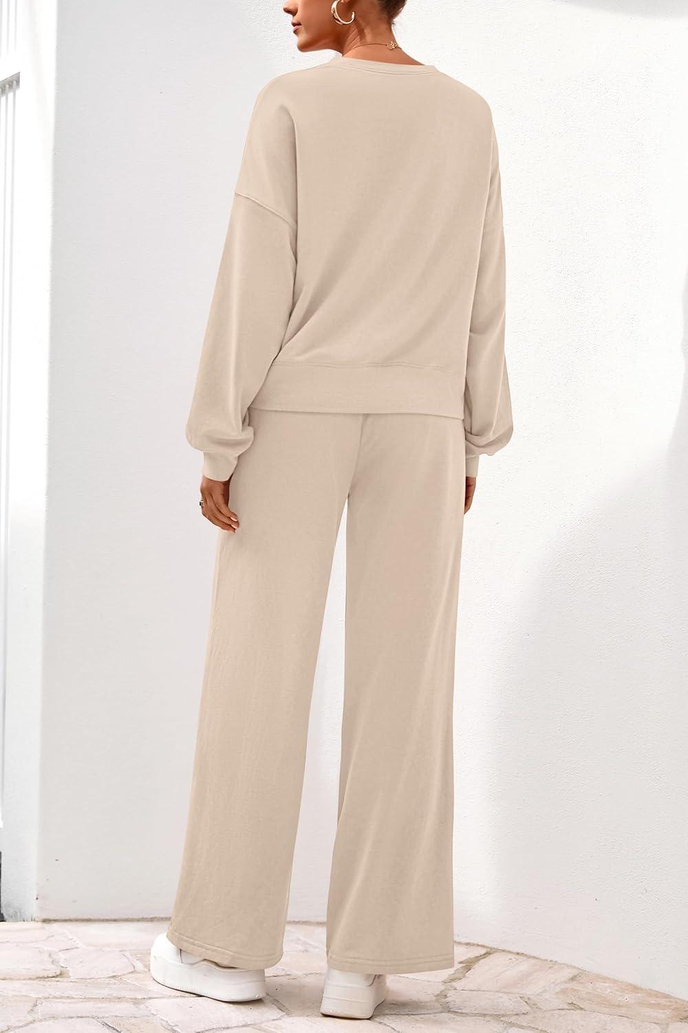 imagePRETTYGARDEN Women 2 Piece Outfits 2026 Spring Sweatsuits Crewneck Sweatshirt Wide Leg Sweatpants Lounge Sets TracksuitBeige