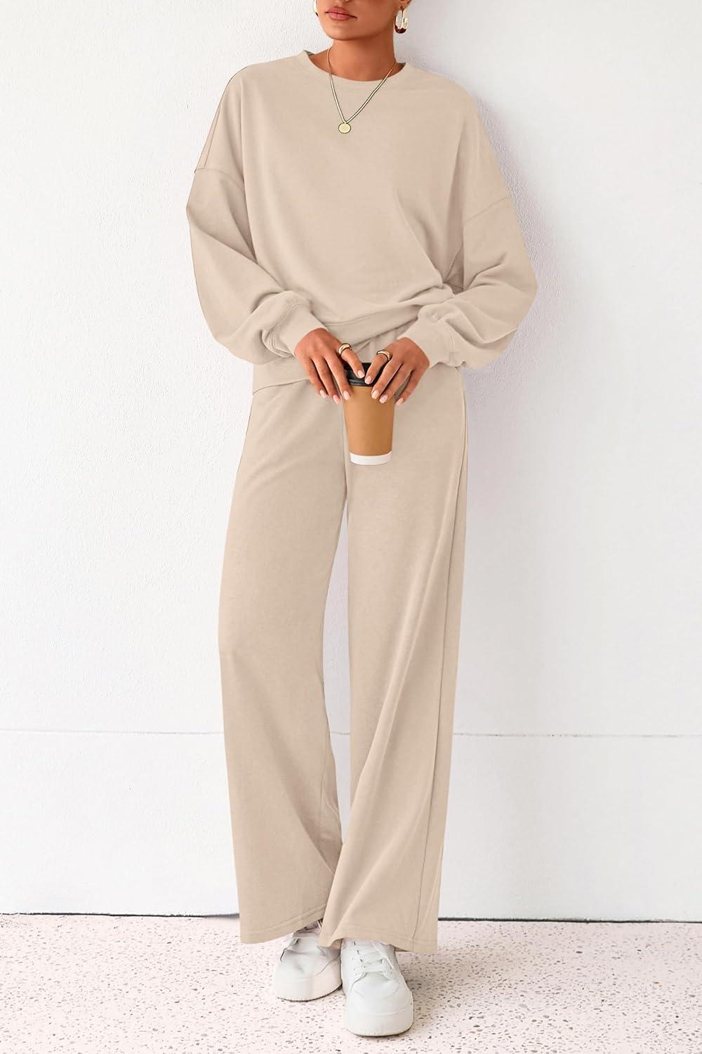 imagePRETTYGARDEN Women 2 Piece Outfits 2026 Spring Sweatsuits Crewneck Sweatshirt Wide Leg Sweatpants Lounge Sets TracksuitBeige