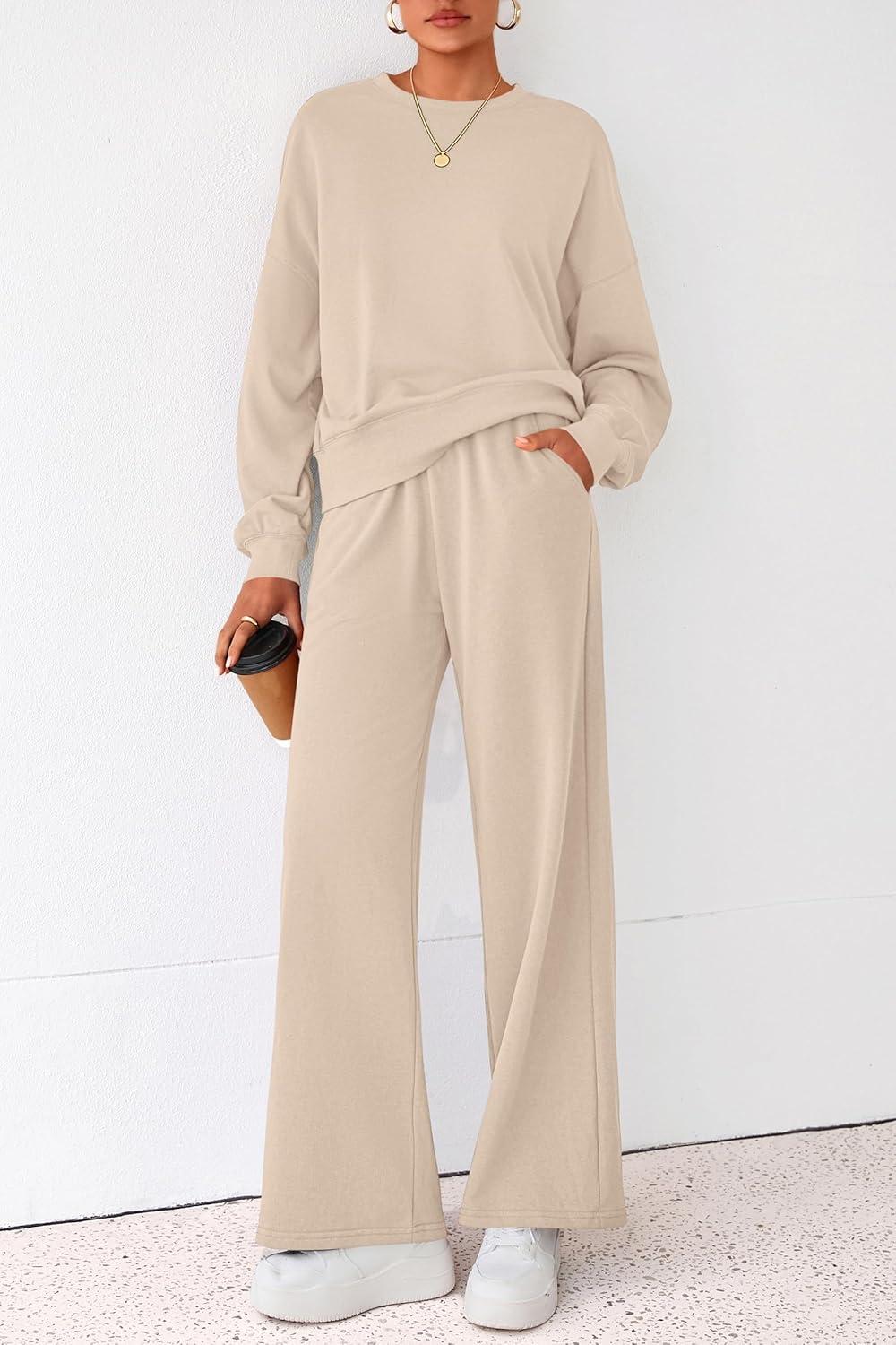 imagePRETTYGARDEN Women 2 Piece Outfits 2026 Spring Sweatsuits Crewneck Sweatshirt Wide Leg Sweatpants Lounge Sets TracksuitBeige