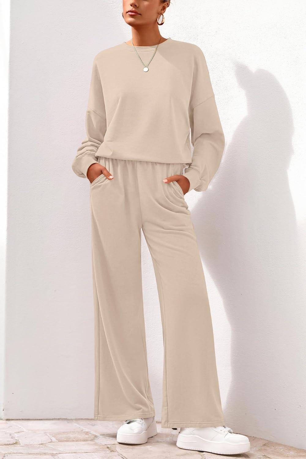 imagePRETTYGARDEN Women 2 Piece Outfits 2026 Spring Sweatsuits Crewneck Sweatshirt Wide Leg Sweatpants Lounge Sets TracksuitBeige