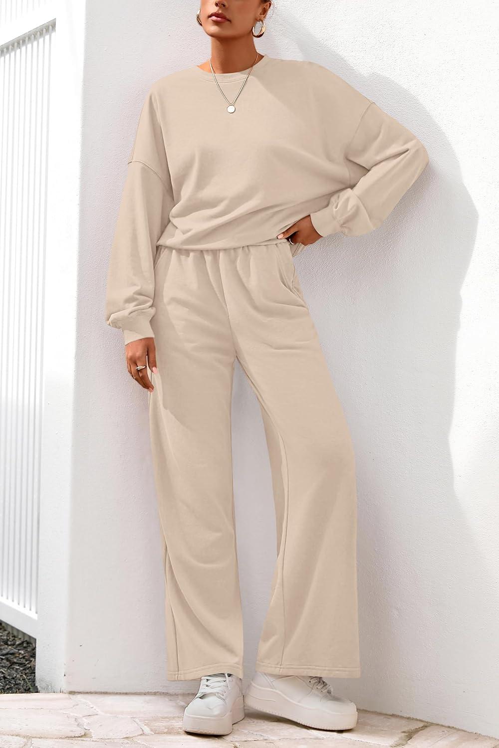 imagePRETTYGARDEN Women 2 Piece Outfits 2026 Spring Sweatsuits Crewneck Sweatshirt Wide Leg Sweatpants Lounge Sets TracksuitBeige