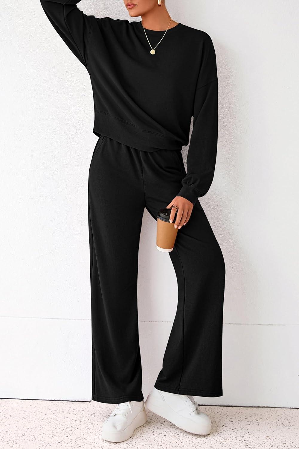 imagePRETTYGARDEN Women 2 Piece Outfits 2026 Spring Sweatsuits Crewneck Sweatshirt Wide Leg Sweatpants Lounge Sets TracksuitBlack