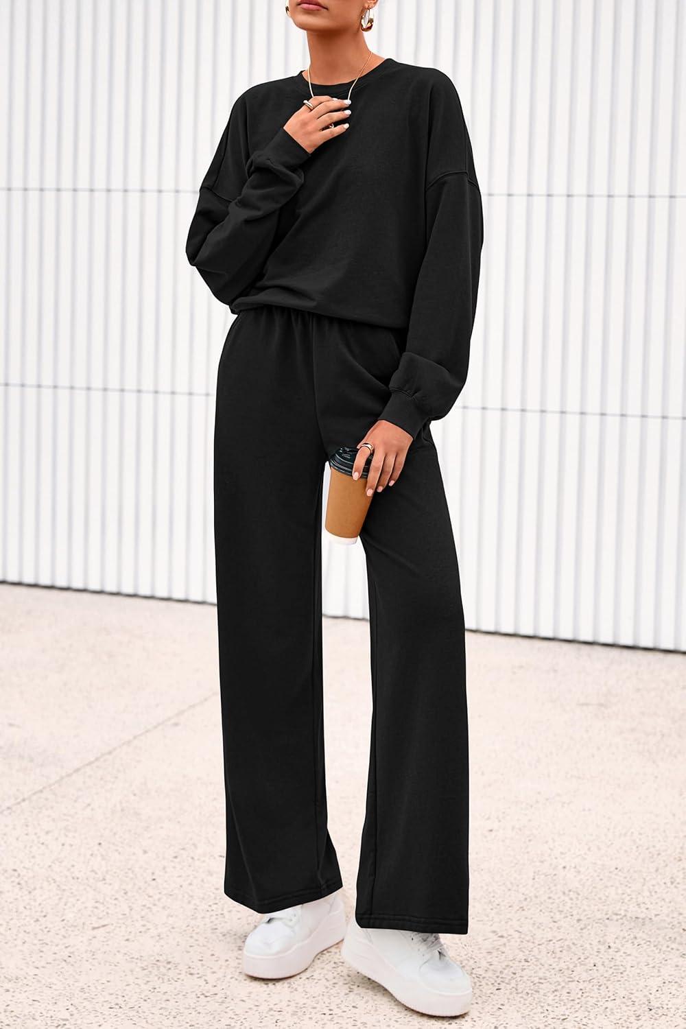 imagePRETTYGARDEN Women 2 Piece Outfits 2026 Spring Sweatsuits Crewneck Sweatshirt Wide Leg Sweatpants Lounge Sets TracksuitBlack