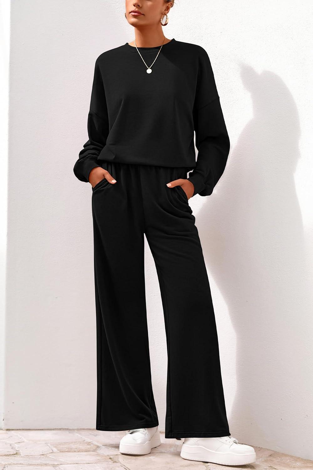 imagePRETTYGARDEN Women 2 Piece Outfits 2026 Spring Sweatsuits Crewneck Sweatshirt Wide Leg Sweatpants Lounge Sets TracksuitBlack