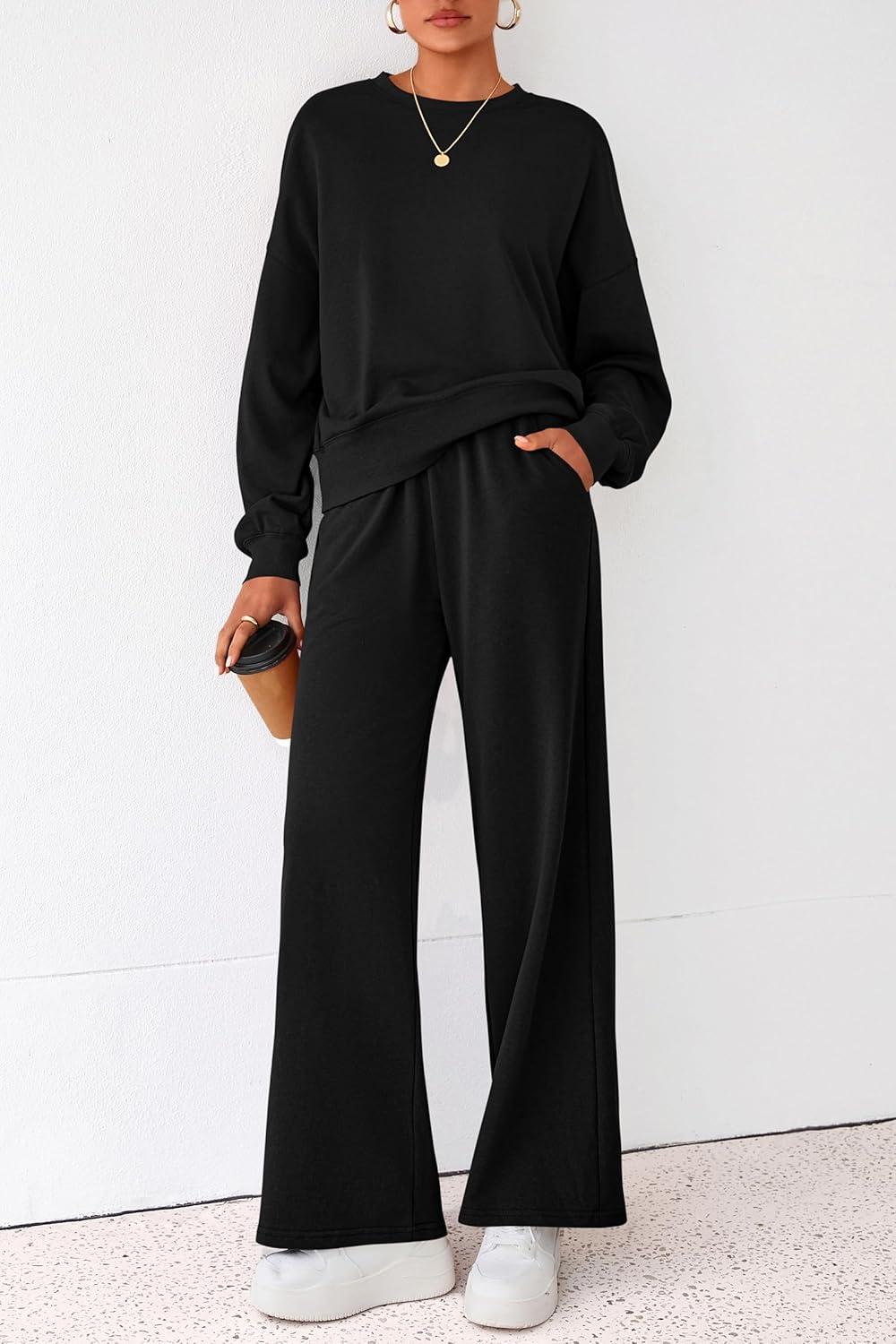 imagePRETTYGARDEN Women 2 Piece Outfits 2026 Spring Sweatsuits Crewneck Sweatshirt Wide Leg Sweatpants Lounge Sets TracksuitBlack