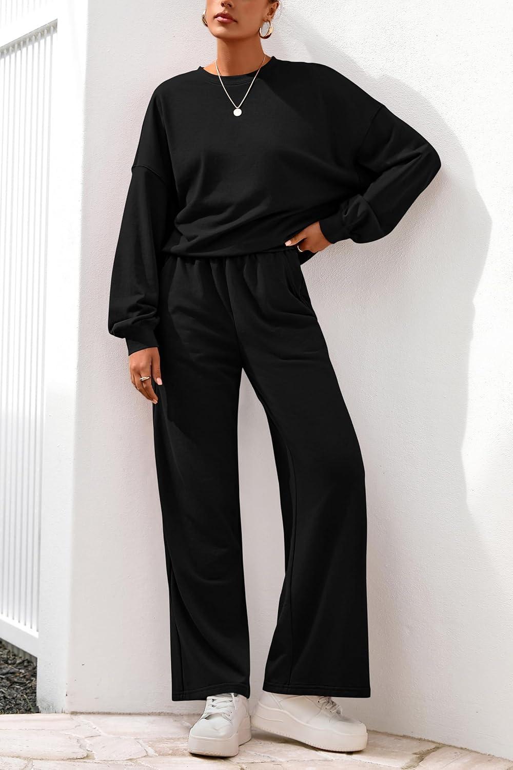 imagePRETTYGARDEN Women 2 Piece Outfits 2026 Spring Sweatsuits Crewneck Sweatshirt Wide Leg Sweatpants Lounge Sets TracksuitBlack
