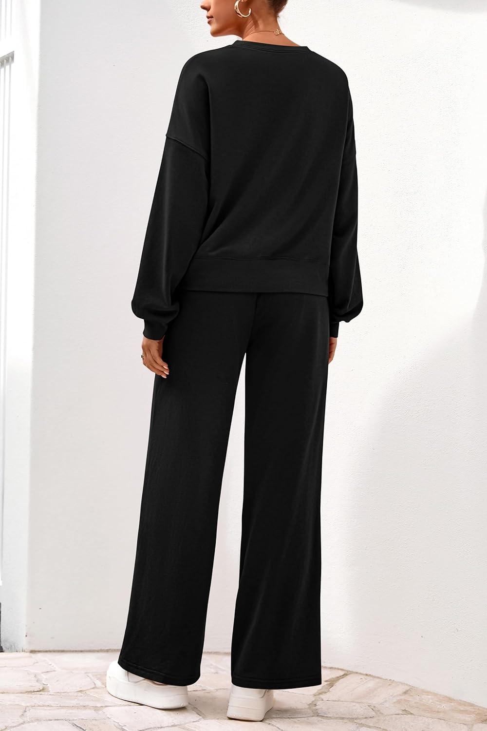imagePRETTYGARDEN Women 2 Piece Outfits 2026 Spring Sweatsuits Crewneck Sweatshirt Wide Leg Sweatpants Lounge Sets TracksuitBlack