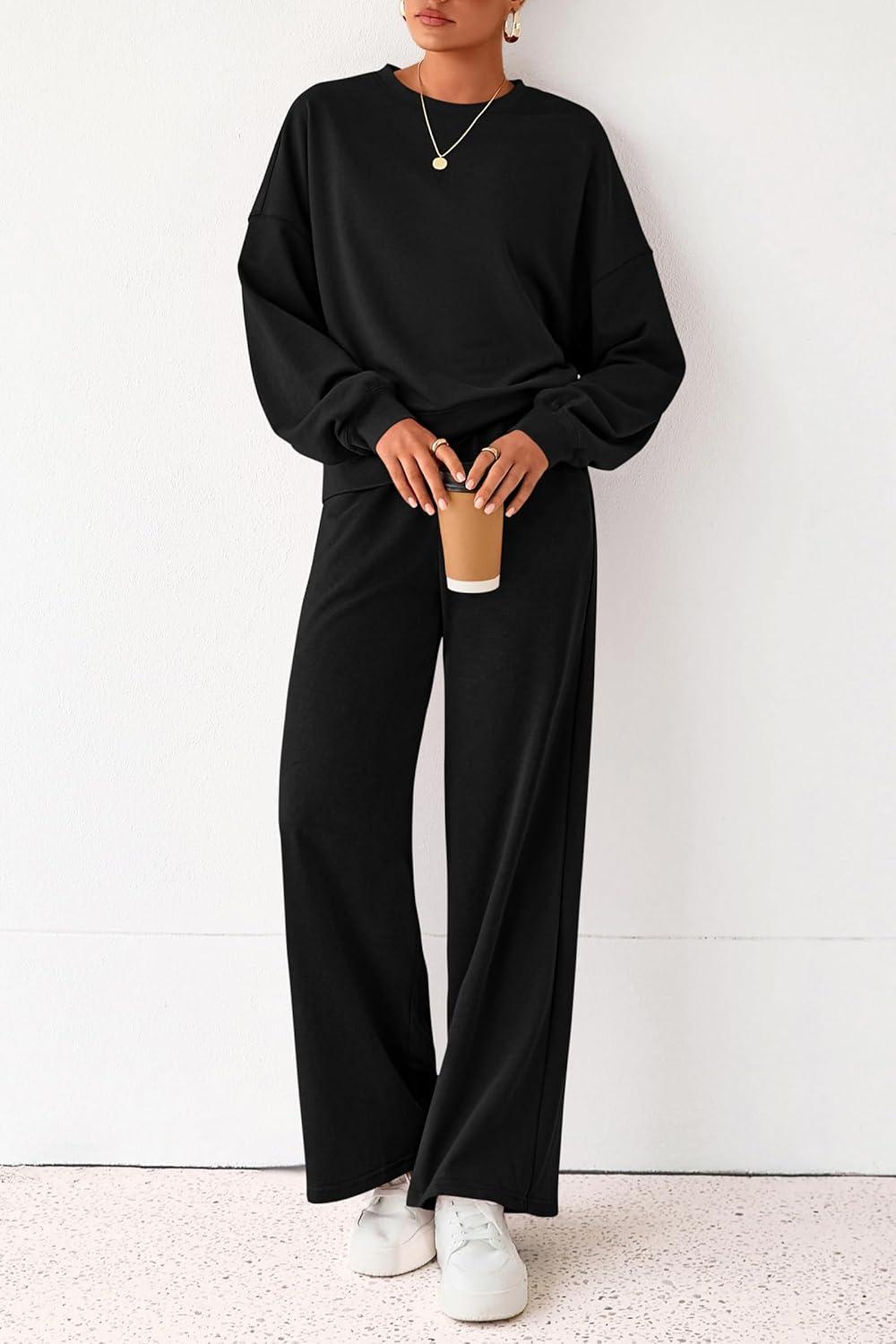 imagePRETTYGARDEN Women 2 Piece Outfits 2026 Spring Sweatsuits Crewneck Sweatshirt Wide Leg Sweatpants Lounge Sets TracksuitBlack