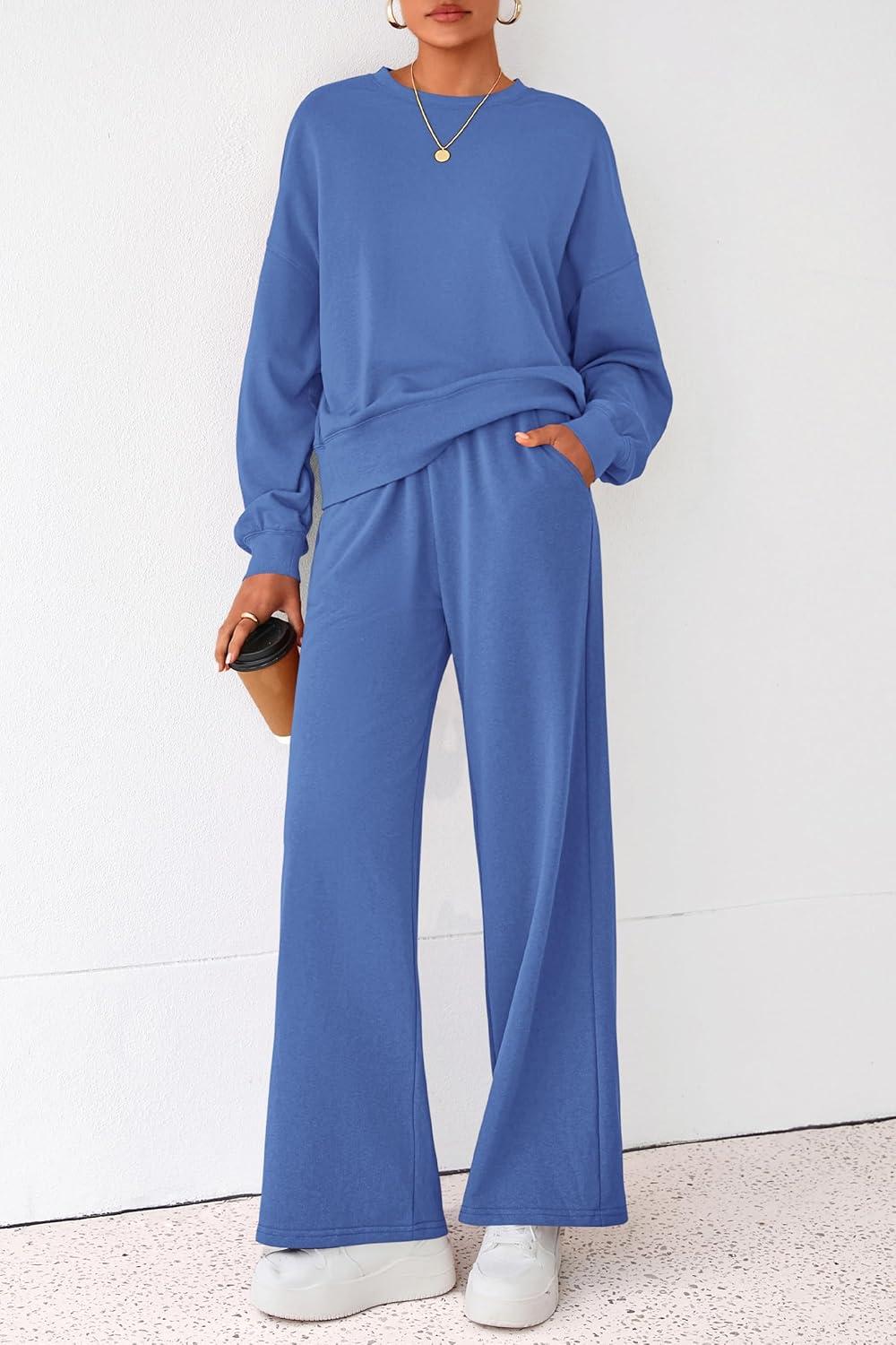 imagePRETTYGARDEN Women 2 Piece Outfits 2026 Spring Sweatsuits Crewneck Sweatshirt Wide Leg Sweatpants Lounge Sets TracksuitBlue