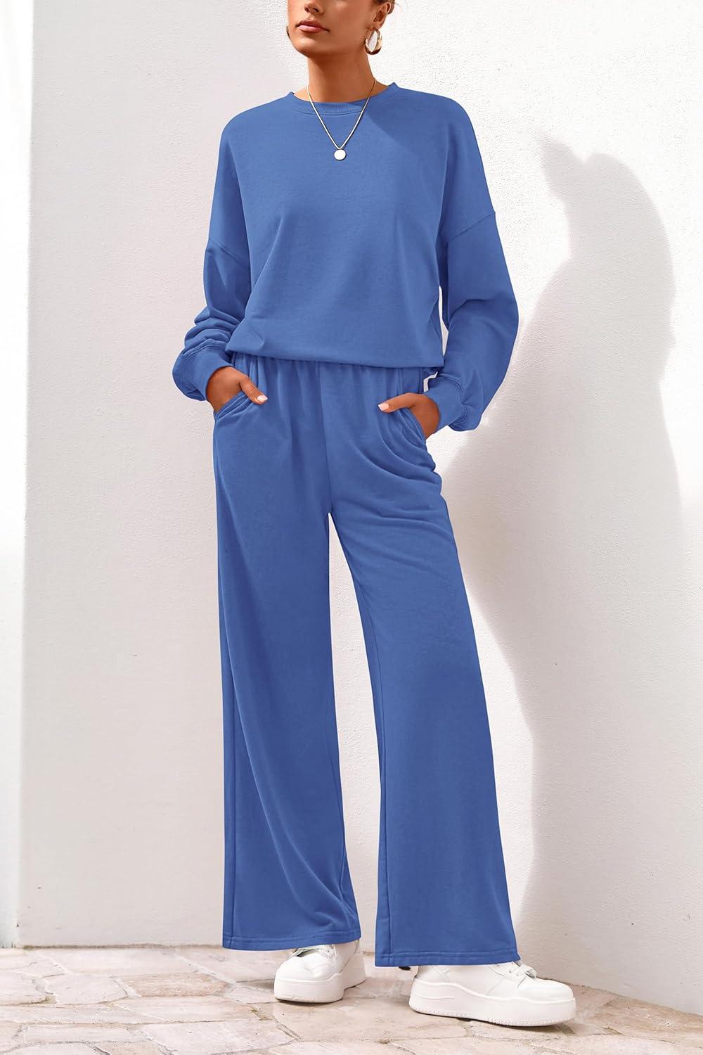 imagePRETTYGARDEN Women 2 Piece Outfits 2026 Spring Sweatsuits Crewneck Sweatshirt Wide Leg Sweatpants Lounge Sets TracksuitBlue