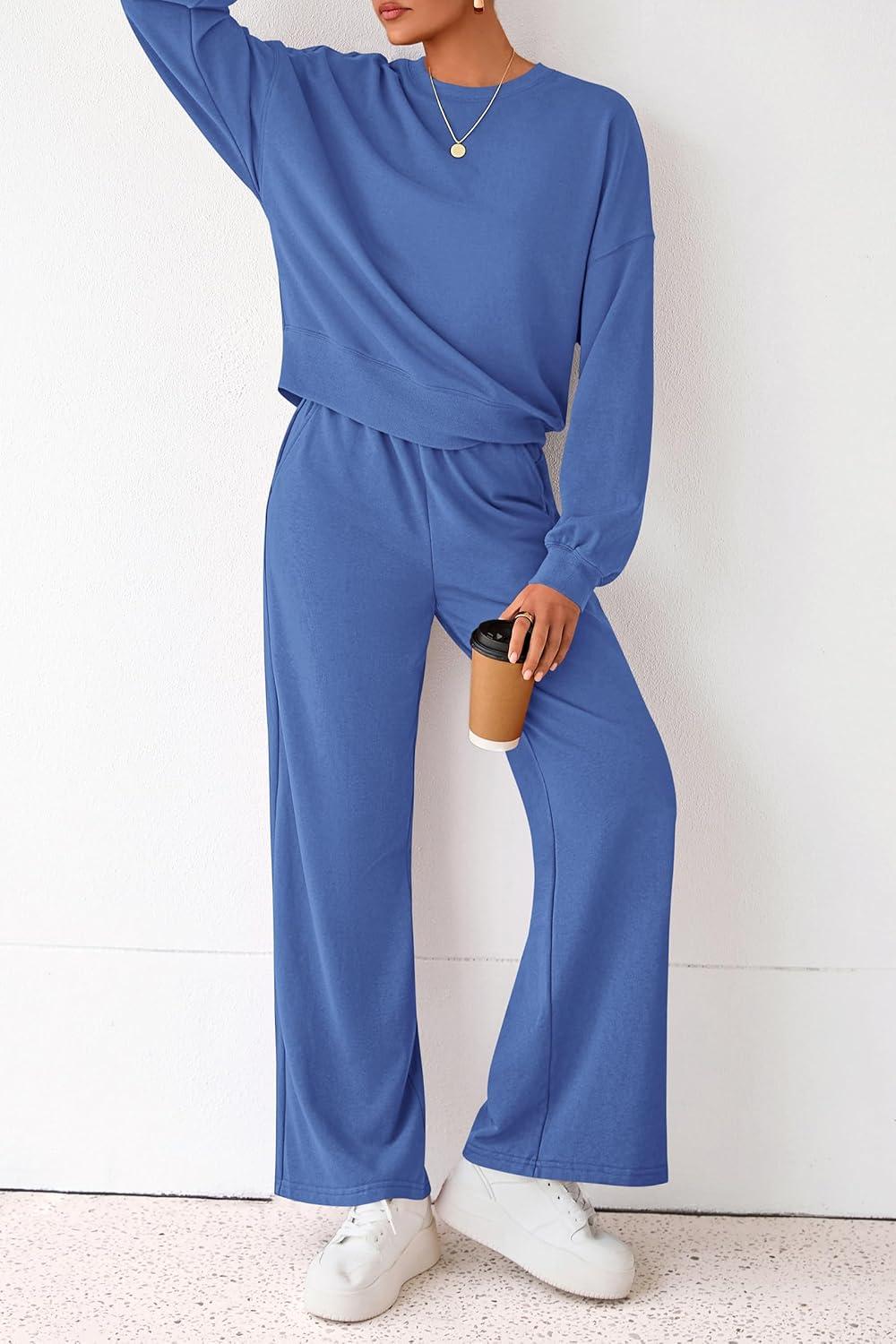 imagePRETTYGARDEN Women 2 Piece Outfits 2026 Spring Sweatsuits Crewneck Sweatshirt Wide Leg Sweatpants Lounge Sets TracksuitBlue