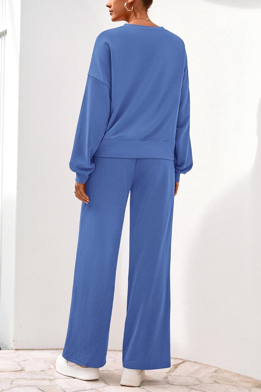 imagePRETTYGARDEN Women 2 Piece Outfits 2026 Spring Sweatsuits Crewneck Sweatshirt Wide Leg Sweatpants Lounge Sets TracksuitBlue