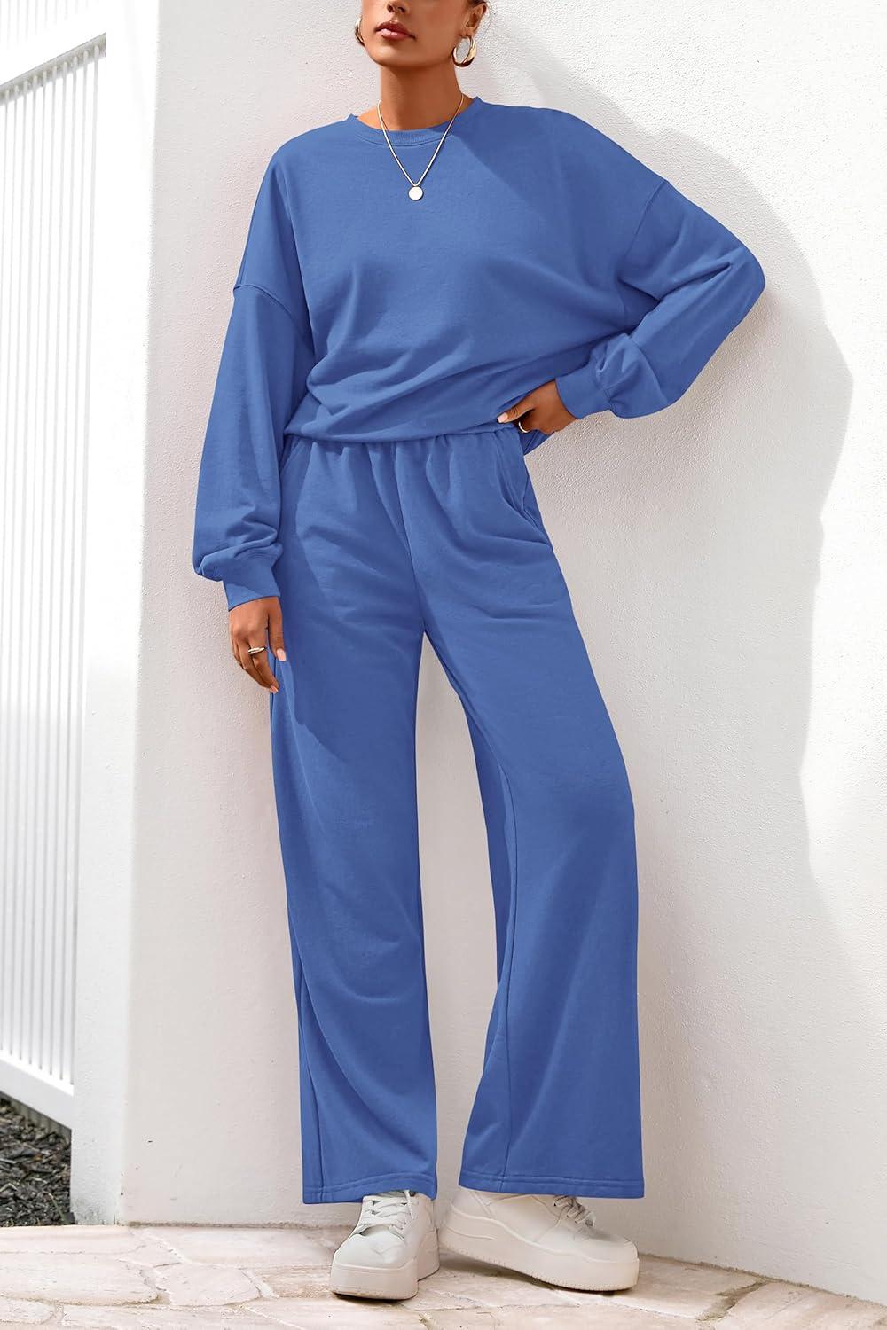 imagePRETTYGARDEN Women 2 Piece Outfits 2026 Spring Sweatsuits Crewneck Sweatshirt Wide Leg Sweatpants Lounge Sets TracksuitBlue