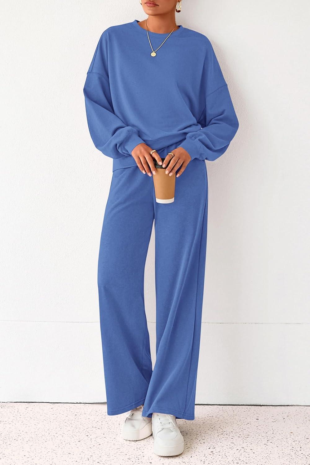 imagePRETTYGARDEN Women 2 Piece Outfits 2026 Spring Sweatsuits Crewneck Sweatshirt Wide Leg Sweatpants Lounge Sets TracksuitBlue